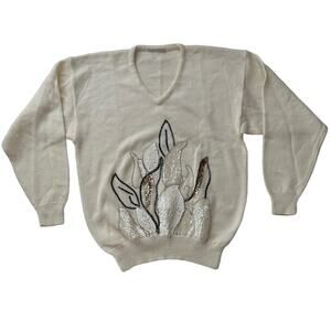 VTG Sequin Beaded Embellished‎ Polyester V Neck Cream Long Sleeve Sweater M